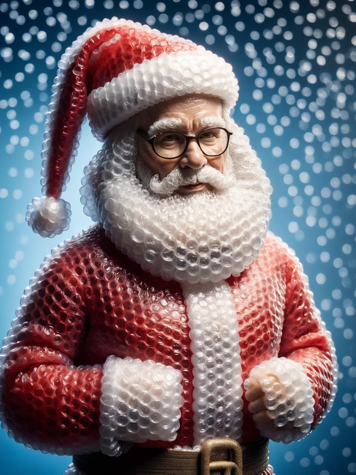 A Santa Claus model made of plastic bubbles.