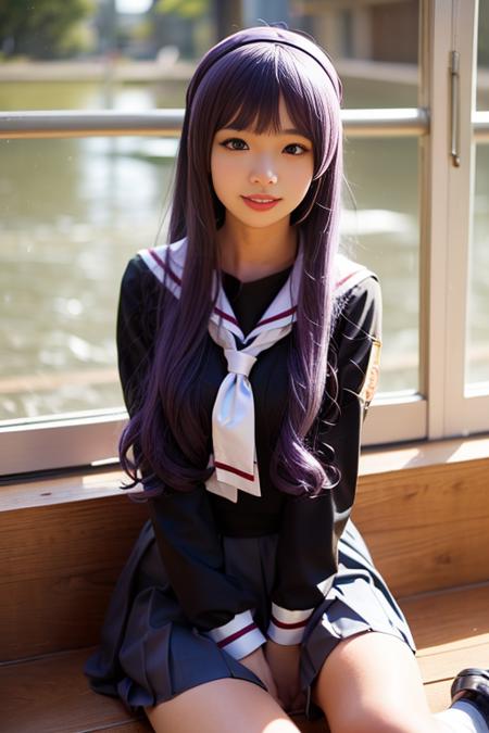 ultra-detailed,highly detailed,best quality,masterpiece,illustration,realistic,
daidouji tomoyo, tomoeda elementary school uniform, 1girl, solo, cosplay,
hairband, sailor collar, serafuku, long sleeves, neckerchief, pleated skirt, bobby socks,mary janes,
purple eyes, purple hair, long hair, bangs,
photo background, indoors, aquarium, 
looking at viewer,v arms, 
<lora:daidouji tomoyo_xx_v1_06:0.7>