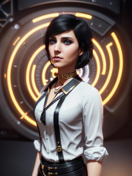 <lora:elizabethbioshock:0.7>,woman,black hair,(blue eyes:0.8),white blouse,short hair, steampunk eye enchanted,4k, neon lights, highly detailed, eerie,4k, by Stanley Artgermm, Tom Bagshaw, Greg Rutkowski, deviantart, FAN ART, Unreal Engine, face enhance,8K, golden ratio, cinematic lighting H 704