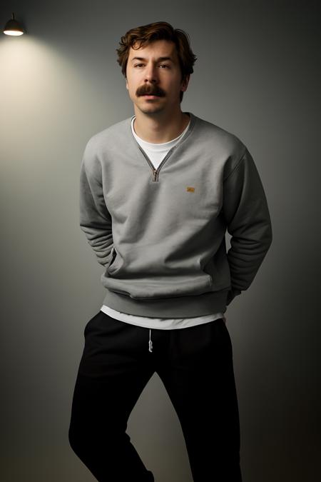 MikeWozniak, large format photo of a man, anxious facial expression, gray crewneck sweatshirt, jogger sweatpants and slip-on sneakers, upper body, under bounced lighting, from below, shot on a Kodak Brownie <lora:MikeWozniakLora:1>