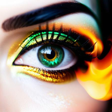 Ultra extreme closeup of a young womans eye ((((with fierce fire inferno reflecting from it)))), glossy green eye shadow, super macro, green eye, view from side, mascara, winged eyeliner, mesmerizing, eyelash extension, shallow depth of field, f/1.4, focus blur, beautiful, bokeh, reflections, ultra realistic, gorgeous, silky smooth skin, dramatic light