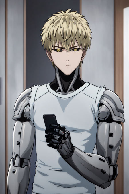 (masterpiece, best quality:1.4), colorful, high contrast, genos <lora:ironcatlora6GenosOne_v10:0.8>, mechanical arms, upper body, grey shirt, holding phone