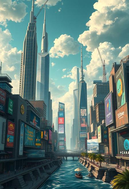 Landscape of a futuristic elvish solarpunk sci-fi city reminiscent of Times Square with tall towers and futuristic skyscrapers, tasteful advertising, surreal colours, detailed sky with greenery and flowing water