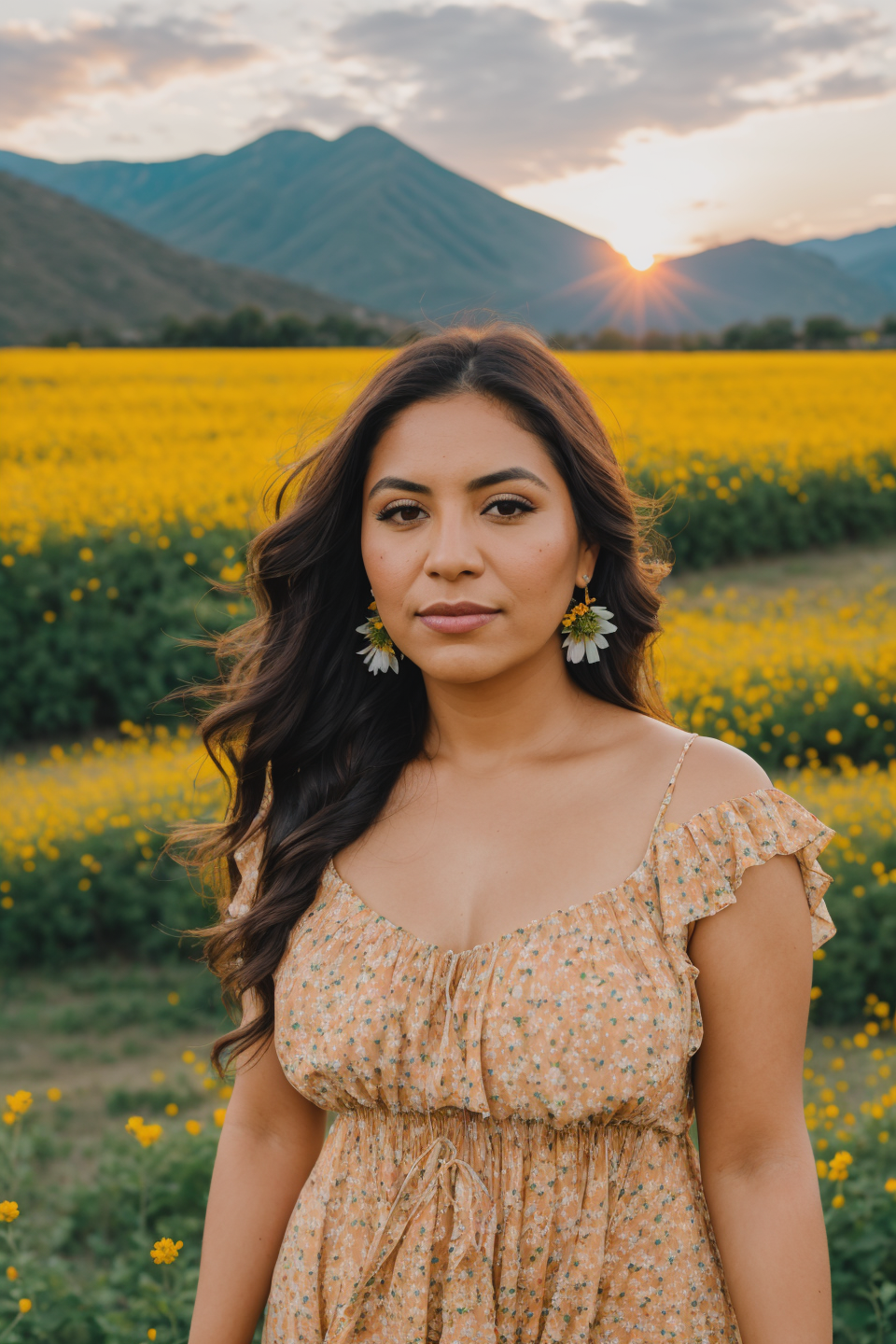 RAW photo, (closeup:1.2), portrait photo of 32 y.o mexican woman, flower dress, field of flowers, standing, natural skin, ...