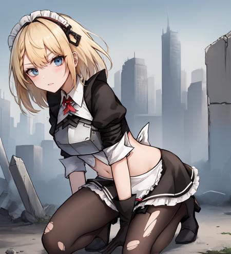 <lora:G36Mod:1>,solo,g36Mod,1girl,blond hair,braid,blue eyes,neckerchief,tsurime,mod3 \(girls' frontline\),maid,midriff,gloves,armor,pantyhose,neckerchief,medium hair,black skirt