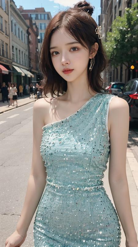 rc,shiny dress,single-shoulder dress,