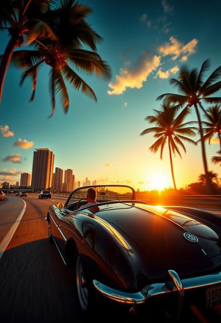 Panoramic shot of a gleaming black vintage sports car gliding along Miami Beach's coastal highway at sunset. Golden highlights dance across its glossy finish as the ocean's molten gold surface meets the fading light. Retro skyline silhouettes rise in harmony with golden hues, while neon accents pulse softly in warm amber tones. Palms sway gently, their fronds embracing the sun's final rays, casting a nostalgic ambiance. The driver, carefree and joyful, relishes the experience as the setting sun dips below the horizon.