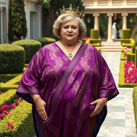 masterpiece portrait of a 55-year-old  plus-sized white woman::1.4, realistic digital art style::1.2, photographic realism::1.1,
(physical description:  full-bodied figure, fair skin, short blonde hair, age-appropriate facial lines:1.1)
(facial features, expression: bold red lipstick, confident and wicked smirk, narrowed eyes adding an evil undertone:1.0)
(clothing details: luxurious purple and gold silk kaftan dress, brown pantyhose, purple backless slip-on bedroom slippers :1.0)
(accessories: ornate gold queen’s crown, no other visible jewelry:0.9)
(background setting: elegant royal garden with sculpted hedges, marble pathways, and flower beds in bloom:0.9)
(lighting style: natural daylight with warm highlights and subtle shadows to enhance richness of silk fabric:0.8)
(composition and camera framing: full body shot, eye-level angle, centered composition showing her standing proudly in the garden:1.0)
(emotional tone or theme: decadent, commanding, villainous regal glamour:0.9)
(technical execution: high detail on fabric textures, crown ornaments, and slipper embroidery; rich color saturation with realistic skin shading:0.8)