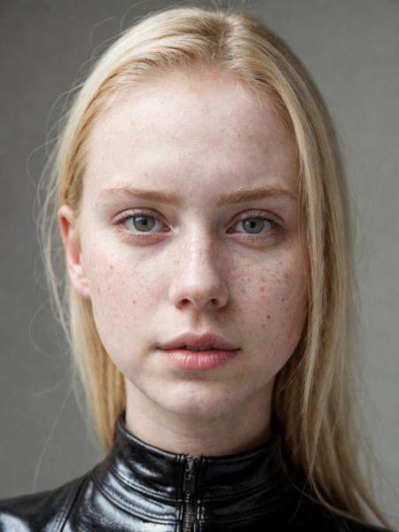 portrait of a pale 18 year old blonde model named Marie with bright eyes, black leather outfit, no makeup, natural, freckles, beauty spots, submissive expression, hard shadows, soft lighting, sharp focus, skin details