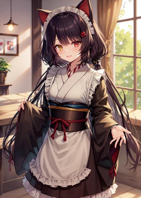 masterpiece, best quality, (twincle eyes:1.1), 1girl,
<lora:inuiToko-000008:0.7>,inuiToko, long hair, low twintails, heterochromia, maid headdress, 
dog ears, animal ears, tail,
japanese clothes,wa maid, skirt, red skirt, kimono, wide sleeves, red hakama, long sleeves, apron, hakama skirt, frills, hakama, white apron, black kimono, frilled apron, frilled skirt,
smile, looking at viewer, coffee shop, 1girl, 