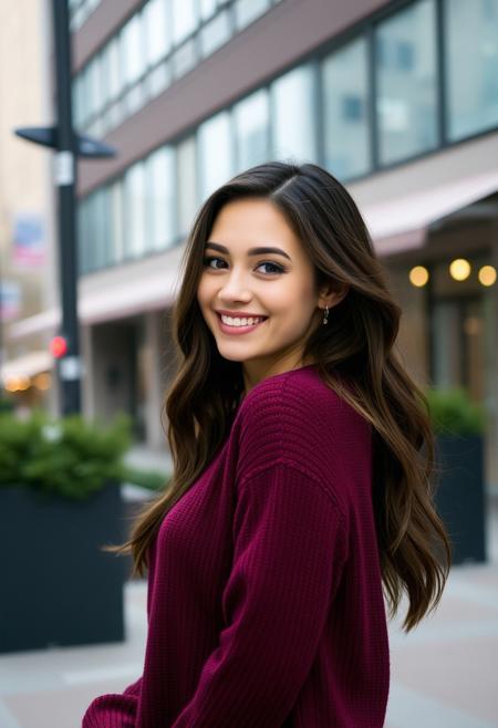 a brunette woman wearing a maroon sweater,she is beautiful,she is smiling in a sexy way, professional photo shoot, urban settings, DSLR, film