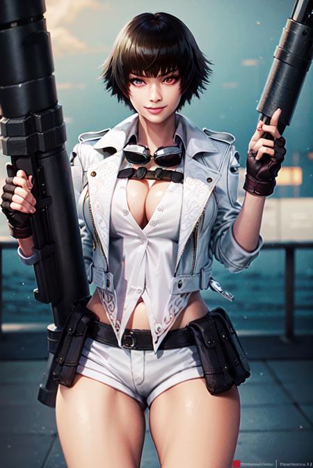 (masterpiece, best quality:1.2),dmc, dmc5, white jacket, white inner shirt, rolled sleeves, goggles around neck, jacket, 1girl, solo, heterochromia, red eyes, blue eyes, black hair, smile, shorts, thighs, weapon, fingerless gloves, huge weapon, cleavage, large breasts, rocket launcher, scar,  gun, <lora:LADY-15:0.8>