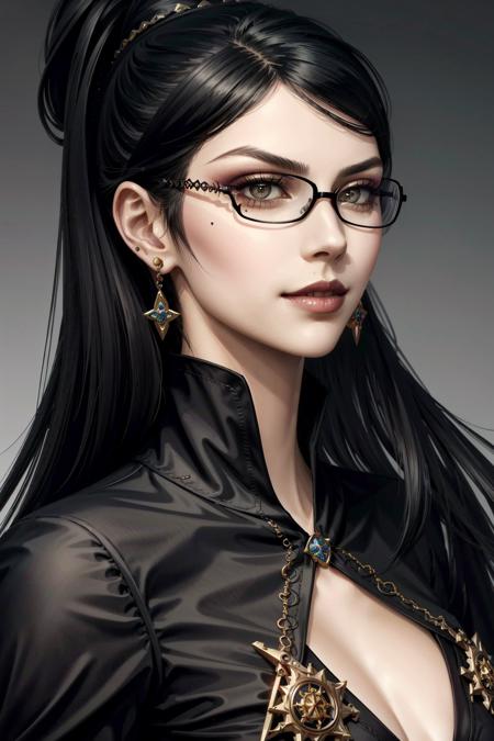 Bayo, bayonetta, 1girl, solo, mole under mouth, glasses, black hair, mole, jewelry, makeup, earrings, smile, eyeshadow, portrait, long hair, lips, lipstick, grey eyes
<lora:epi_noiseoffset2:1>,   <lora:Bayo:0.7>