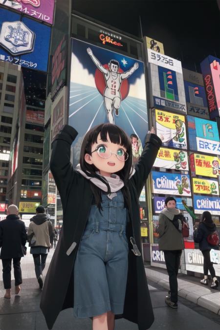 glico, osaka, japan, scenery, real world location, poster, (object), building, outdoors, realistic, photo background, neon light, neon sign