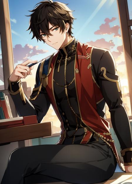 best quality, masterpiece, highres, male focus, 1boy, solo, bara, black hair, danheng, green eyes, detailed face, highly detailed, beautiful, beautiful lighting, blush, bulge, god rays, light rays,  party,  depth of field, formal, (Eachcolorblockisclearlydistinguished:1.1), red eyeshadow, looking down, side profile, jawline, bishounen, library, sitting at table, books, afternoon, sunset, dim, twink, ikemen, orange light, shadows <lora:danheng:0.6>