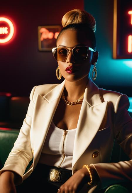 a noir night club, neon lights, sits a (female black club owner:1.2), wearing shades, waist coat, in an upstairs private lounge, smoking a cigarette with an extender, hazing smoke, female groupies, drinks, natural light, 35mm photograph, film, professional, 4k, highly detailed, Golden hour lighting, Depth of field F2, Rule of Thirds Composition.