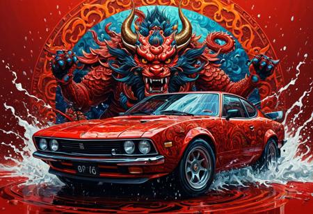 Finely detailed vector illustration, classical sports car, japanese oni, symbiosis, ultra realistic quality, circle symbol, red background, hyperdetailed, intricately detailed,  triadic colors,fantastical,intricate detail,splash screen,complementary colors, fantasy concept art, 8k resolution, masterpiece, oil painting, thick strokes, rich strokes, running drops,