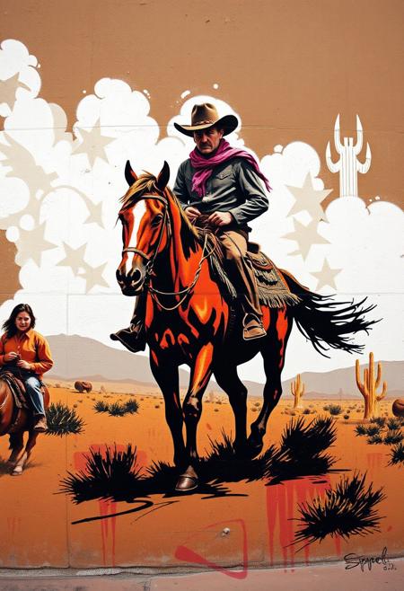Graffiti style of a cowboy riding his horse in the Wild West, street art, mural, high quality, high resolution