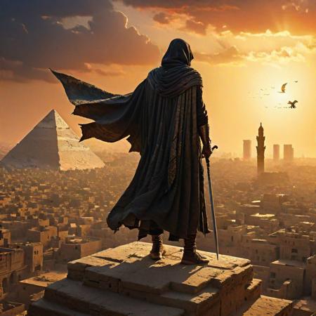 Cloaked young man stands atop a pyramid, overlooking Cairo, sword gripped in one hand, sunset silhouette, ancient stone textures, shadow cast over undulating cityscape, dramatic contrast, wind fluttering cloak, sword glinting in fading light, hieroglyphics faintly visible in background, high-angle shot, digital painting, ultra realistic, vivid colors
