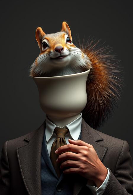 "Create an extremely detailed and hyper-realistic image of a person's body, but with the person's head replaced with a vase, and a squirrel clown poking its head out of the top of the vase. The vase-person's body is dressed in a elegant outfit, with a suit jacket and tie, and is holding the person's actual head in its hand. The person's head is looking up at the vase-person's body with a mixture of confusion and shock, as if it's trying to comprehend its new situation. The squirrel clown's fur is fluffy and detailed, and its eyes are bright and expressive, as it looks out at the viewer with a mischievous grin. The image should be rendered in a hyper-realistic style, with incredible attention to detail and texture. Think 'photorealistic' and'surreal'."