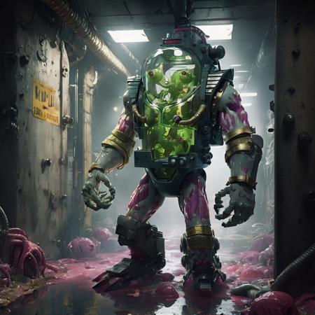 a photograph of mutg inside a gritty sewer with toxic waste around him, (close up shot:1.5) clear metallic robot with blob like and a brain in a vat in the middle, gid3, epic scene, cinematic shot, analog photo, RAW photo, subject, 8k uhd, dslr, high quality, Fujifilm , sharp image