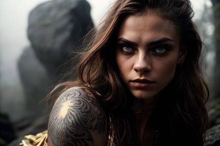 artistic photography, (symetric compositiont:1.5), (Medium Close-Up Shot:1.1) photo of 1girl  ,beautiful, (demonic goddess with yelow glowing eyes with reptilian pupils:1.35), (Cara Delevingne|keira knightley),  (gold intricite tattoos on the neck:1.3),  sharp facial feathers,   short burgundy hair with gold highlights, (fitness body type:1.2),  voluptuous, vivid colors , (dust, fog, mist, particles around her body: 1.35), (angry looking  straight at viewer) Deep view, (lights:1.1),  (detailed skin textures:1.1), (in old mystic forrest:1.1), (bokeh, particle efects,:1.3),  , (she sits on a monumental rock:1.3), she iis wearing tight short gold ornate dress, <lora:add_detail:1>  ( natural moody light:1.1), (evening:1.3), ( hasselblade,  4 kodak portra 400 camera, f5 lens, (rich colors:1.1),sharp focus,  natural, lifelike texture, dramatic lighting, cinestill 800, deep shadow, cinematic,)