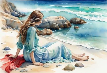 A watercolor painting depicting a tranquil beach scene. The central figure is a young woman sleeping on a rock on the coast. She is wearing gorgeous clothes and has long hair flowing around her shoulders. Her back is to the camera and her face looks like the sea. The background is the vast turquoise ocean. Gentle waves crash against the shore, creating a sense of calm and tranquility, the sky is clear and cloudless, the beach floor is sandy and gravelly, with some scattered rocks and a red cloth, possibly a piece of clothing, lying next to her in this image The painting is rendered in a watercolor style with very careful attention to rock texture and detail.