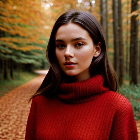 Elegant minimalistic photography, 1990s, model wearing a crimson jumper, red autumn forest background, natural lighting, small bust, beautiful face