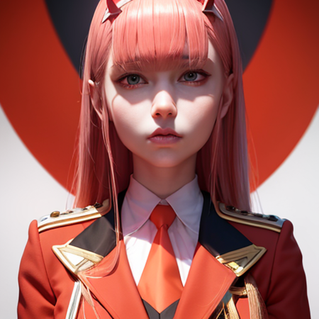 ultra realistic 8k cg, picture-perfect face, flawless, clean, masterpiece, professional artwork, 1girl, zero two, uniform, military uniform, red jacket, orange necktie, upper body, <lora:qqq-zero_two-v1:0.8>