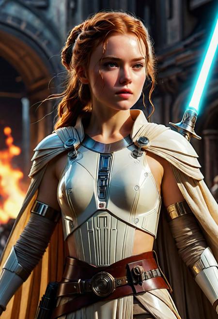 High resolution ultra-realistic of Beautiful Jedi Knightess, 8k, capturing the intensity of the moment, cinematic lighting, standing on a bloody and stormy battlefield in bloody battle, wavy red hair, realistic dirty pale face, realistic brown eyes, beautiful hourglass figure, burning in a Star Wars Town, intricately designed dirty white Jedi robes, Star Wars Aesthetic, perfect athletic figure, beautiful Sadie Sink as Jedi Knightess, ultra realistic, cinematic style, vigorous and seductive, athletic figure, Star Wars style, dramatic lighting, wet and sweaty skin, dirty skin, athletic figure, dark fantasy, dramatic lighting, Greg Rutkowski style, Jedi Knightess on in Jedi dress, hyper-detailed, hyper-realistic,  natural light, extremely intricate details, masterpiece, epic, bright colours, Attractive 21 old years girl, Attractive, beautiful firm Breasts, sharp focus, digital painting, Photograph Taken on Nikon D750, Alphonse Mucha, 8K, athletic figure, Hyperdetailed, hyperrealism, Attractive, Attractive bust girl, asymmetric balance