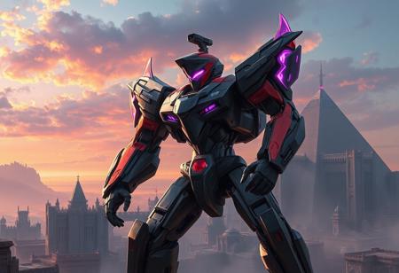 An epic concept art digital painting, influenced by the meticulous detail of Greg Rutkowski and the dramatic flair of Gaston Bussiere, depicting the Sari of the Silverwing Axe robot. It stands in a dynamic action pose before the sprawling, ancient architecture of a Triamid Fortress, under a sky of harmonious, multi-colored hues. The robot, rendered with stunning colors – a predominantly black body adorned with vibrant red and purple accents on its chassis, arms, and legs – showcases a black and red head with a piercing purple visor, a camera mounted atop, gazing out with intentional focus. Every element is handcrafted with precision, with sharp lines and bold brush strokes that give it a sense of immense strength and resilience, as if a legendary artifact despite being a toy, radiating a powerful message of meritocracy. This intricately detailed masterpiece, trending on Artstation and CGSociety, presents an impeccable composition from a creative angle, imbued with a grim yet sparkling atmosphere and captivating lighting, achieving contemporary aesthetics with a very detailed, vibrant color palette, reflecting the essence of 35 documentaries on heroism.