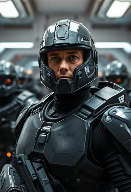 A distant future Spartan commander stands tall, gazing out at a line of battle-hardened warriors clad in cutting-edge armor and wielding advanced weaponry. The camera zooms in on the commander's determined face, framed by the sleek lines of their own futuristic suit. A faint hum of machinery and soft glow of console screens emanate from the soldiers behind, as the commander's voice carries over the sterile environment.