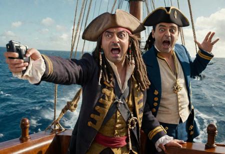 2 men taking a selfie , Johnny Depp dressed as Captain Jack Sparrow & 
Rowan Atkinson dressed as Mr Bean on the board of a sinking ship, in the background you can see the sailors yelling and screaming , realistic, complementary colors . octane render, highly detailed, volumetric, dramatic lighting