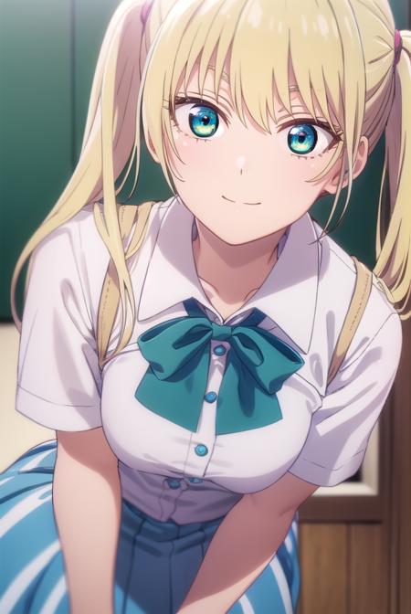 rikahoshizaki, <lora:rika hoshizaki s2-lora-nochekaiser:1>,
rika hoshizaki, (green eyes:1.3), blonde hair, twintails, smile,
BREAK skirt, shirt, bow, school uniform, white shirt, short sleeves, pleated skirt, bowtie, blue skirt,
BREAK indoors, classroom,
BREAK looking at viewer, (cowboy shot:1.5),
BREAK <lyco:GoodHands-beta2:1>, (masterpiece:1.2), best quality, high resolution, unity 8k wallpaper, (illustration:0.8), (beautiful detailed eyes:1.6), extremely detailed face, perfect lighting, extremely detailed CG, (perfect hands, perfect anatomy),