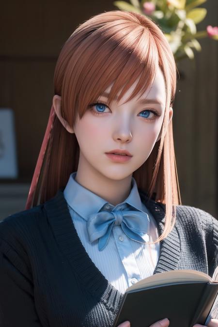 (8k, RAW photo, best quality, masterpiece:1.2), (masterpiece),(best quality:1.3),(ultra detailed:1.2),(highres:1.1), (extremely detailed CG), best quality, ultra-detailed, beautiful, , {{{1 girl}}}, sweating,(blue_eyes:1.3),make up, ryen,  looking at viewer, orange hair, long hair, detailed eyes,school uniform,bowtie,  naughty face,,, shiny skin, looking at viewer,, depth of field, reading,  <lora:ryne_20230709051211:0.7>