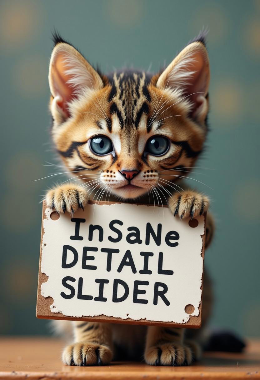 An adorable kitten holding up a sign that reads: "InSaNe DETAIL SLIDER"