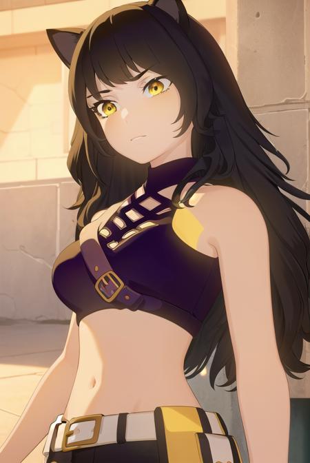 blake, blake belladonna, long hair, black hair, (yellow eyes:1.5), bow, hair bow, black bow, long hair, bangs, blake, blake belladonna, long hair, black hair, (yellow eyes:1.5), long hair, bangs, animal ears, cat ears, navel, midriff, belt, jacket, white jacket, long sleeves, open clothes, halterneck, criss-cross halter, pants, black pants, navel, midriff, belt, halterneck, criss-cross halter, bare shoulders, bare arms, pants, black pants,