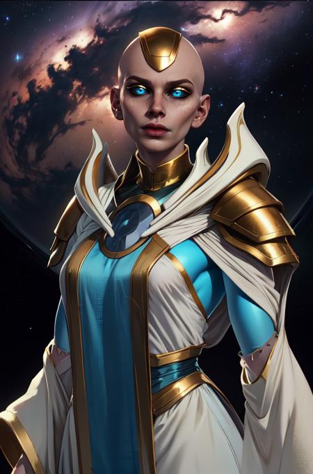 Kronika,solo,blue eyes,black sclera,bald,gold head cap,makeup,
white robe,shoulder armor,long sleeves,pelvic curtain,
standing,upper body,smug,
abyss,milky way,
(insanely detailed, beautiful detailed face, masterpiece, best quality) cinematic lighting,<lora:Kronika-mk11v8:0.8>,