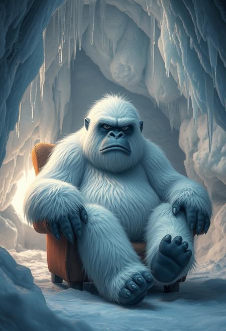 (masterpiece), best quality, expressive eyes, perfect face, vibrant color,
A large, white, furry yeti sits on a brown reclining chair inside an icy cave. The cave walls are made of snow and ice, with icicles hanging down. The yeti has a serious expression, with dark features contrasting against its fluffy exterior, creating a whimsical yet imposing scene. Soft, diffuse light filters in from the cave entrance, enhancing the ethereal atmosphere.