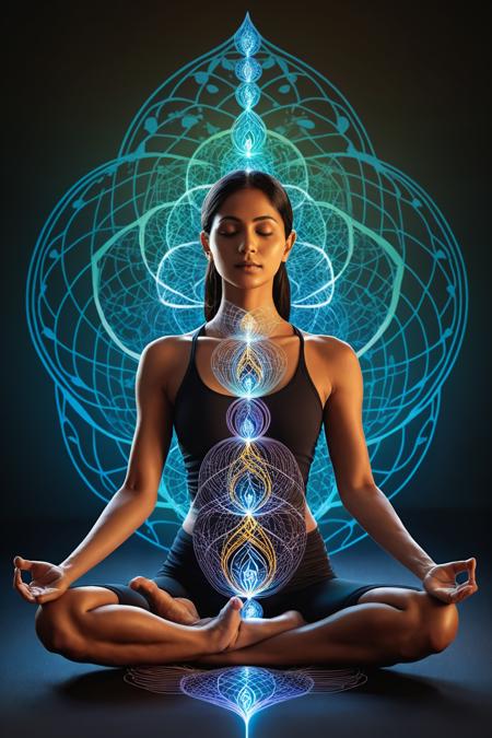 Middle Eastern figure in a meditative or yoga pose,  symbolizing balance and harmony,  as per Deepak Chopra's quote. Surrounding the figure are flowing lines and glowing auras representing the body's energy field. Elements like transforming leaves and butterflies signify transformation,  integrated with energy patterns. Neural network patterns and soft light around the head illustrate the intelligence of the mind-body connection. The scene radiates serenity and vitality,  embodying the body as a dynamic energy system,<lora:EMS-57135-EMS:0.600000>