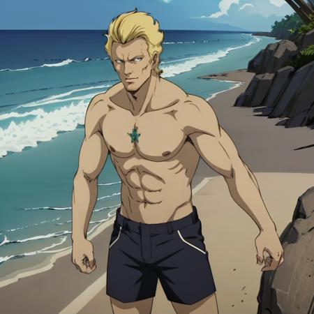 masterpiece,high quality,solo,
<lora:yazangable001:0.7>,
yazangable,1man,
short hair,blonde hair,black eyes,
shirtless,short pants,
beach,
looking at viewer,