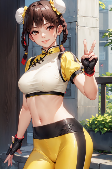 DOALeiFang hair bun, braids,bun cover, chinese clothes,yellow top, yellow yoga pants, short sleeves, fingerless gloves braided hair rings, elbow gloves, , black dress, cleavage, navel cutout, thighhighs