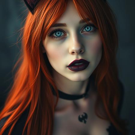 A 20-year-old woman with gothic makeup. Long silky neon red hair, big blue eyes with thin eyebrows, black lips, small upturned nose. She is the image of a seductive gothic succubus. She exudes a bewitching aura. Ultra-detailed facial details, innocent and playful, cat ears, soft light glowing, soft incandescent. Staring into the distance. Grey and blue tones, misty atmosphere. Sexy and seductive playful, sexy emo outfit, revealing breasts and some neck and chest tattoos. Her detailed face surrounded by disheveled hair radiates innocence and beauty. Cinematic composition, contrast of light and shadow, adorable bold and detailed face, realistic and fantastical woman, ((full body shot of an attractive woman, view from above, large breasts, deep cleavage, sideboob, very sexy)), Detailed facial texture, ultra-detailed eye and hair details, 8K+ high resolution photos are all showcased.