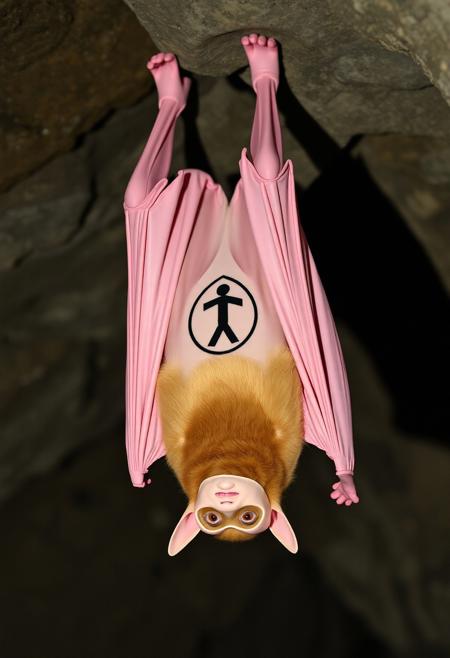 upside down bat hanging from the ceiling of a cave, wearing a rubber human skin suit with an upside down stick figure logo on its chest plate, the light pink suit covers the head, trunc and arms of the bat leaving the legs and wings visible, the human mask reveals the bat's eyes, mouth and ears