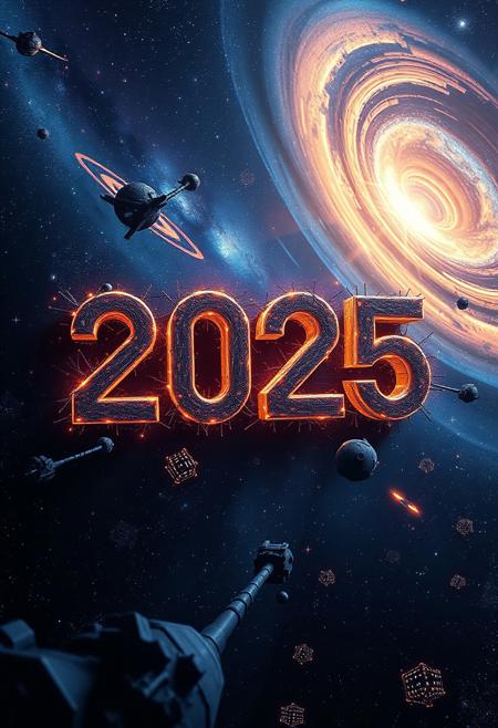 "2025" embedded in deep space, surrounded by intricate nanostructures, swirling wormholes, vast galaxies, the glowing Milky Way, and a shimmering cosmic ether. The scene is a cinematic sci-fi masterpiece, with vivid colors, deep contrasts, and an ethereal glow illuminating the text. The numbers appear as if forged from luminous stardust and energy, seamlessly blending into the cosmic landscape, evoking a sense of awe and infinite possibilities.
Midjourney_Whisper