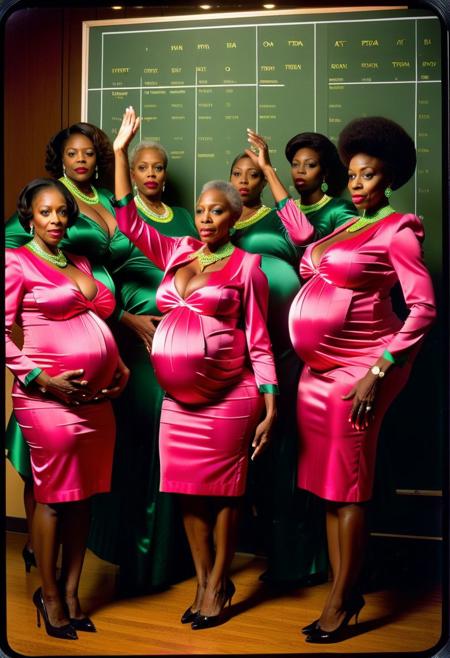 ()Hyoer Realistic:2.0)Polaroid picture of 
a hyper realistic Movie Still of (80 years old ((busty:1.3)) (((african american))) women) 
 of a group of stern, suited College Board of Trustees (Standing exposing large breasts ),  tiny microskirt that barely covers her ass:1.3) (hyperPregnant:3.3)their (possessed glowing eyes:1.70) glazing over as they fall under the hypnotic spell of a circle of Alpha Kappa Alpha Sorority Sisters.
The  (70 year old busty african american sorority sisters standing in front of the Board, resplendent in their pink and green attire:1.85) , gaze intensely at the trustees, their hands weaving intricate patterns in the air as they chant in unison.( The trustees' faces slacken, their pupils dilating as they succumb to the sisters' mesmerizing power:1.65)
(In the background, a giant budget spreadsheet displays a rapidly increasing total, the numbers spinning wildly out of control as the trustees, now completely entranced, nod in unison to allocate infinite funds to the Greek Life budget.:2.00) (Capture the surreal, mind control::2.80)