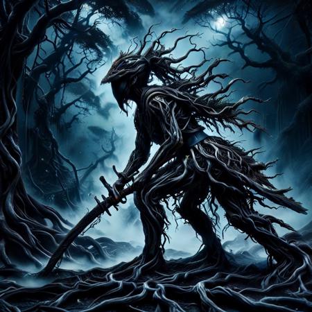 lazympos, character focus, depth of field, hyperrealistic, masterpiece, intrincate details, morph-treeroots,
a female ronin made out of tree roots, ebony roots, black theme, mist, pitch black night