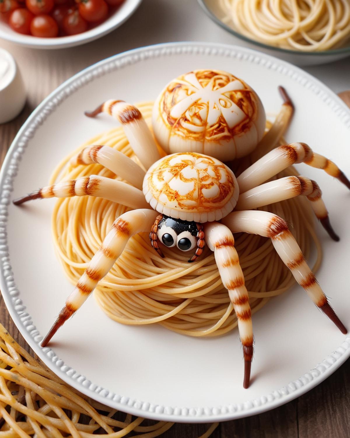 A plate of spaghetti and fake crab legs with creative food art.
