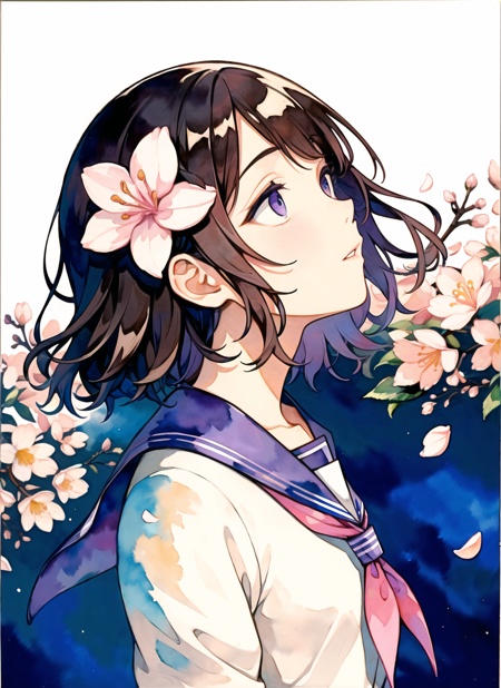 akagi shun, 1girl, blue sailor collar, blush, brown hair, cherry blossoms, flower, from side, hair flower, hair ornament, long sleeves, looking up, neckerchief, open hands, parted lips, petals, pink flower, purple eyes, purple neckerchief, sailor collar, school uniform, serafuku, shirt, short hair, simple background, solo, swept bangs, upper body, wavy hair, white background, white shirt,  ((masterpiece)), (watercolor) <lora:akagi_shun_offset:1>