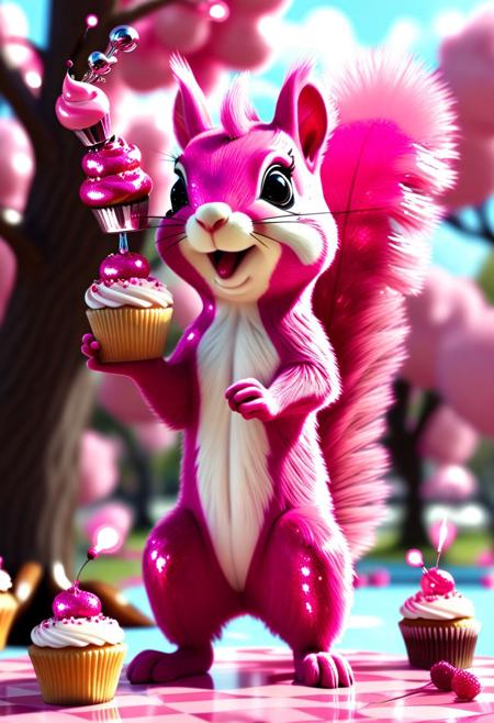 hyperactive squirrel made of pink l1qu1dp34rl with chrome tail, launching cupcakes from a tree bazooka, surreal sugar chaos, cartoon sparkle energy